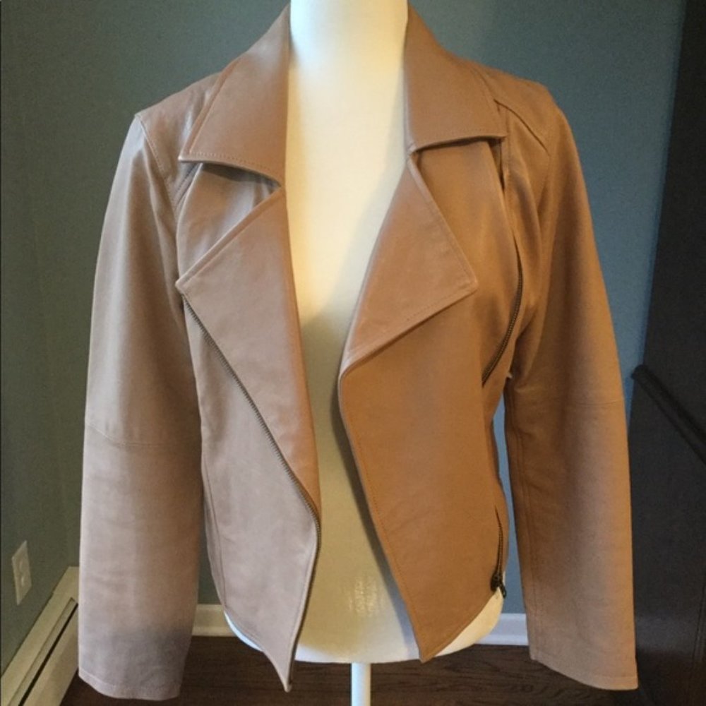 Eileen Fisher Tan Moto Leather Jacket Size 10